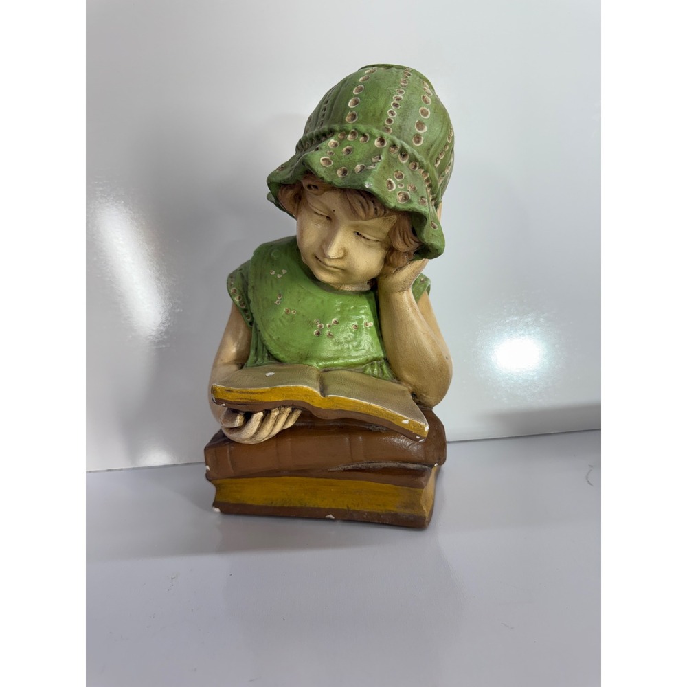 Vintage Girl Reading on Books Figurine Statue Green Hat Library Decor 10.5 Inch
